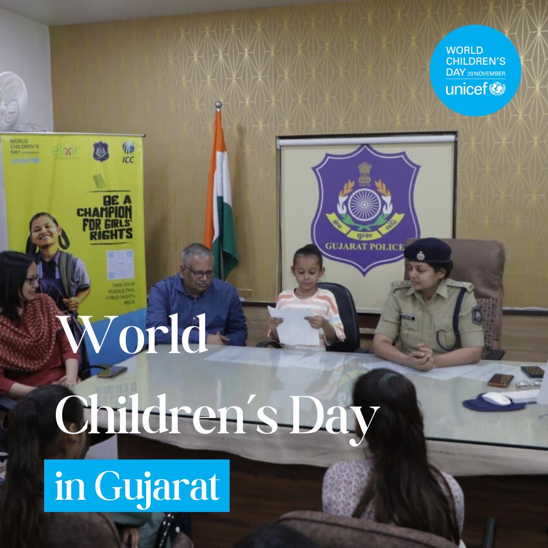 UNICEFIndia's tweet photo. On #WorldChildrensDay, UNICEF is making space for children to raise their voices on the issues that matter to them. 

Children in #Gujarat handed over their ‘Hopes &amp; Dreams for a Brighter Tomorrow’ Manifesto to the Deputy Commissioner of Police @DrLavina_IPS! https://t.co/pwQ5Weukpf