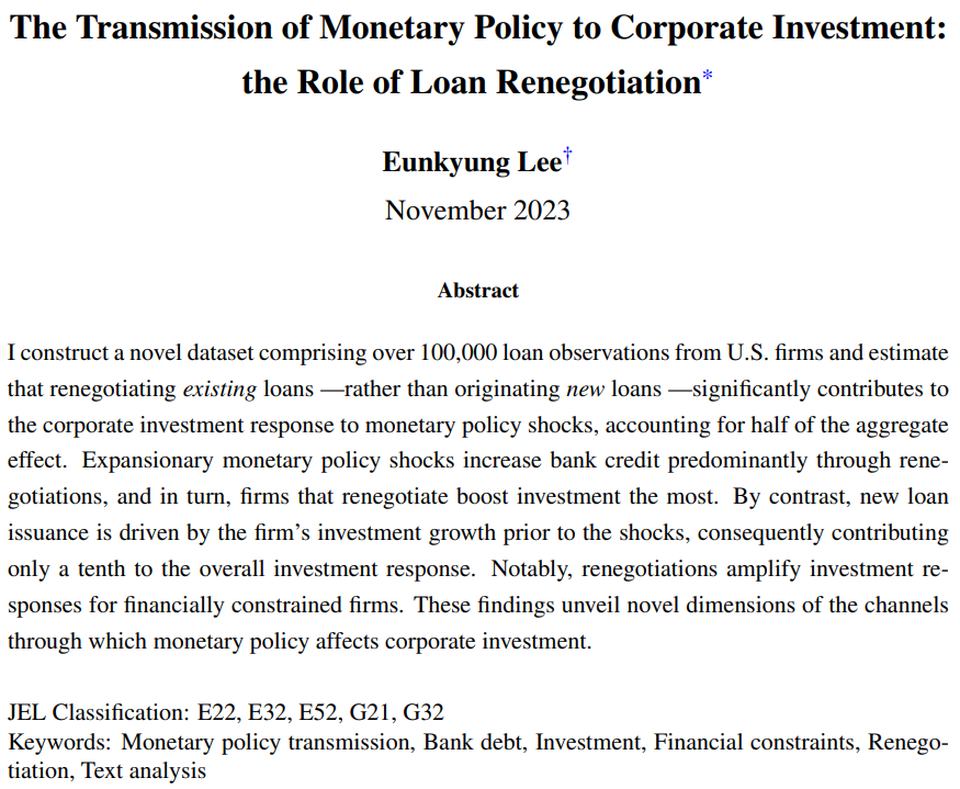 ManUniEconomics's tweet photo. 🚨New Economics Discussion Paper by Eunkyung Lee @eunkyunglee20:

"The Transmission of Monetary Policy to Corporate Investment: The Role of Loan Renegotiation"

👉 https://t.co/BKzUxNTjpG #EconTwitter https://t.co/xYGHPbEFmD