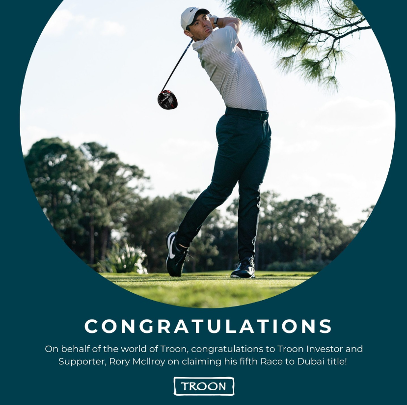 Congratulations from the world of Troon to our investor and supporter, <a href="/McIlroyRory/">Rory McIlroy</a> on his 5th Race to Dubai title!