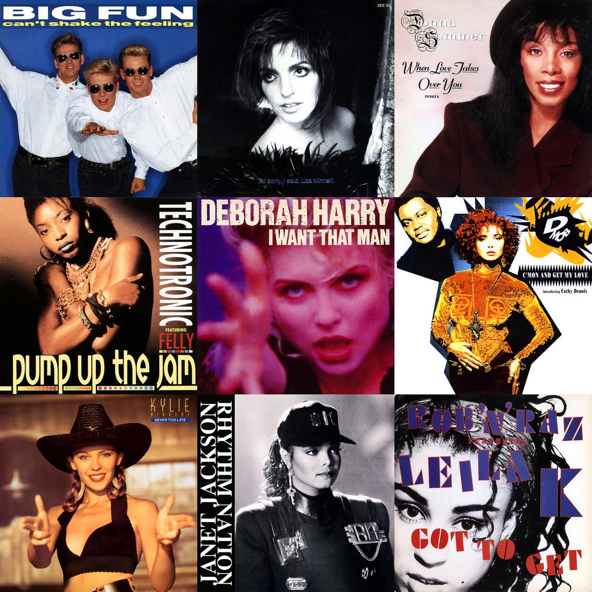 WhosThatGav's tweet image. Purely for my own amusement, 9 of my fave songs that were in the chart this week in 1989. 🎶💗 #BigFun #LizaMinnelli #DonnaSummer #Technotronic #DebbieHarry #DMob #CathyDennis #KylieMinogue #JanetJackson #RobNRaz #LeilaK 1️⃣9️⃣8️⃣9️⃣