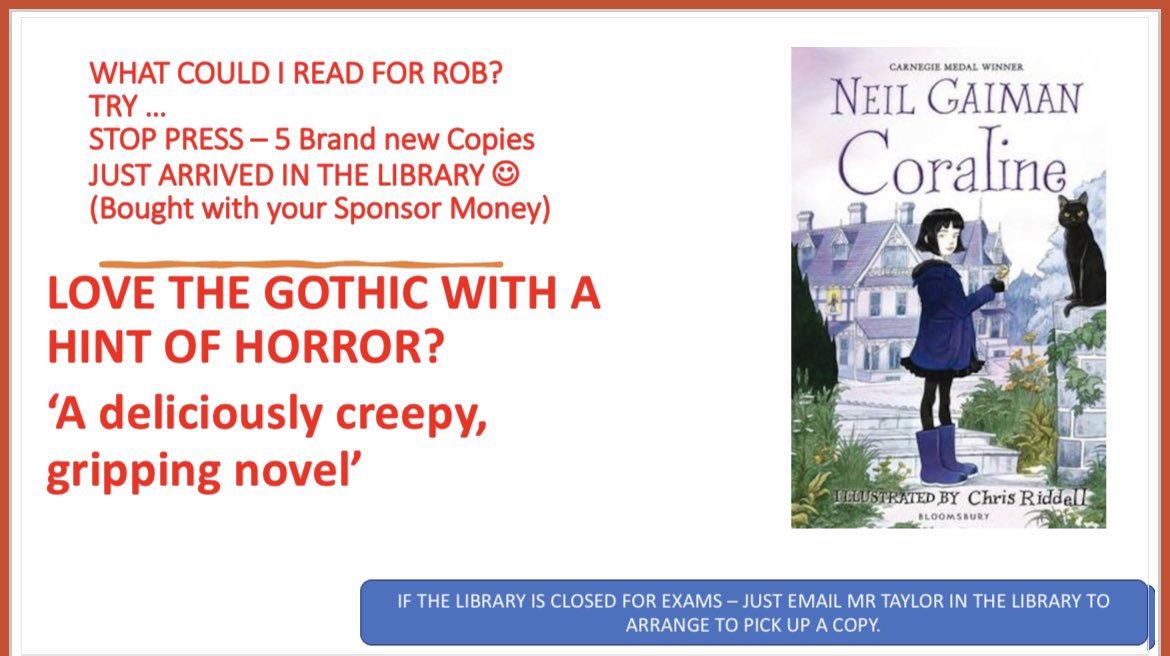HHS_Reading's tweet photo. Read for Rob week 3! Love gothic with a hint of horror? Why not try reading Coraline- 5 new copies just arrived in the library!
#ReadForRob #MND #ReadingForPleasure https://t.co/KlYGWs5smq