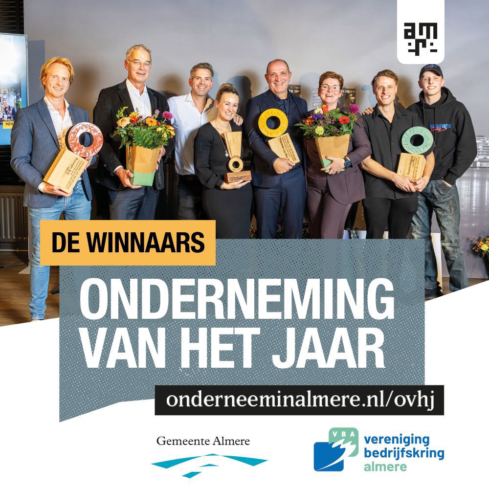 Tijdens de verkiezing van de gemeente Almere en de Vereniging Bedrijfskring Almere op 17 november reikte wethouder Economische ontwikkeling <a href="/renepeeters/">Rene Peeters</a> de prijs voor de Almeerse Onderneming van het jaar 2023-2024 uit. Weten wie er gewonnen hebben? alme.re/3RgOGAF