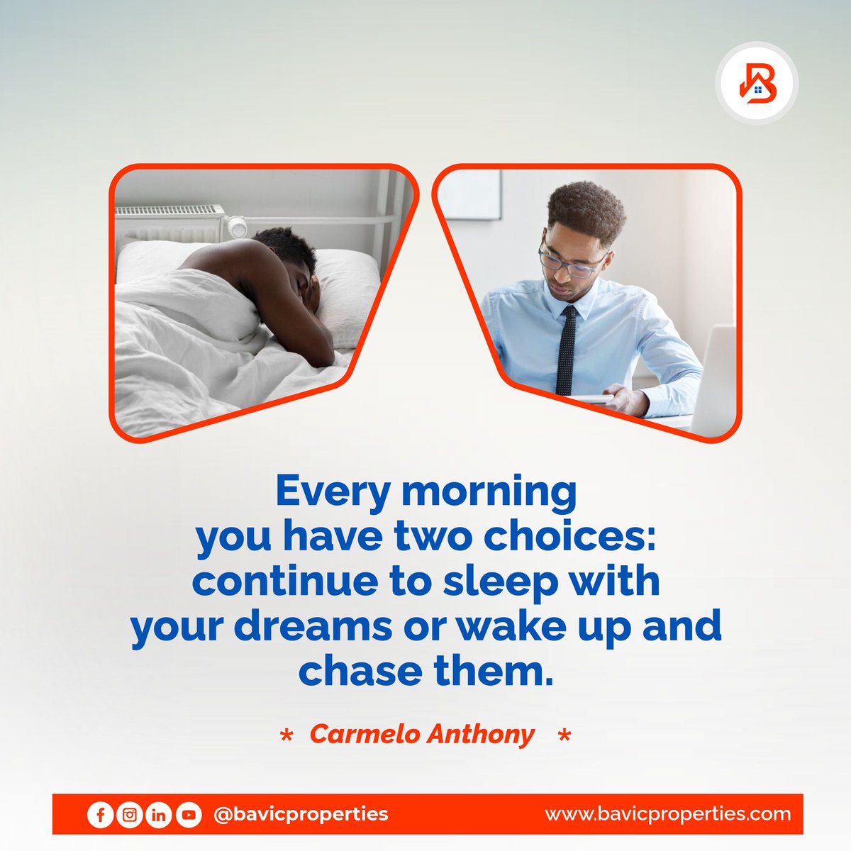 Good morning, dream chasers! This Monday, remember the wise words of Carmelo Anthony: ‘Every morning you have two choices: continue to sleep with your dreams or wake up and chase them.’ Embrace the new week with determination and passion. 💪🏡 #MondayMotivation #realestatedreams