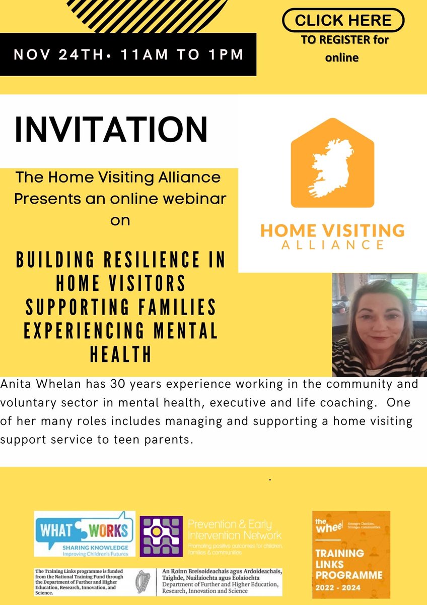In conjunction with @WhatWorksIrl & @The_Wheel_IRL the #HomeVisitingAllianceIrl invites you to their next online Sharing Knowledge Workshop! Register your place below for this Friday⬇️ bit.ly/47IFKcj #webinar #supportingfamilyirl
