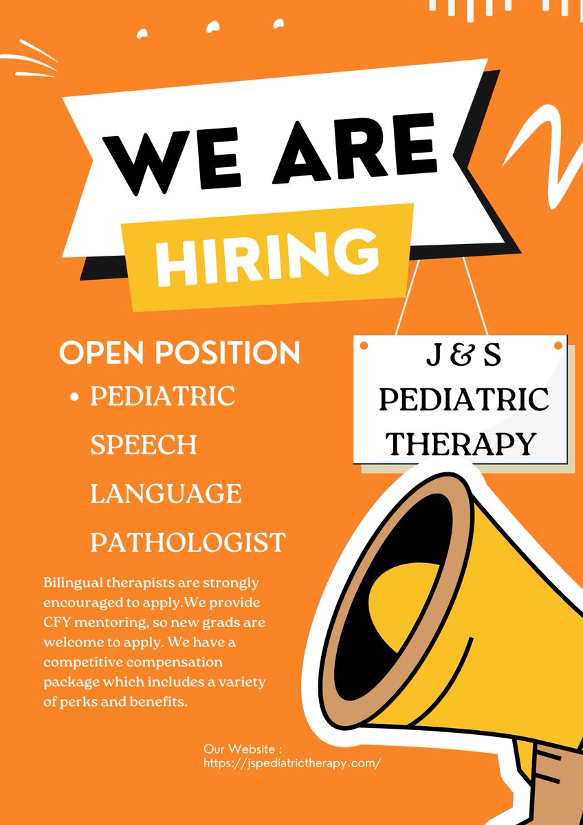 J &amp; S Pediatric Therapy in Sand Diego is HIRING!   We’re looking for a pediatric speech language pathologist for an early intervention SLP pathologist position in San Diego.   Bilingual therapists are strongly encouraged to apply. #SLP