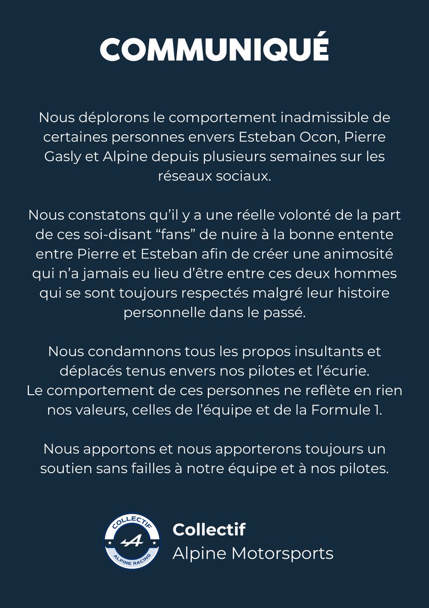 alpine_inside's tweet photo. COMMUNIQUÉ 📝

#F1 https://t.co/XmIP7bgnp9
