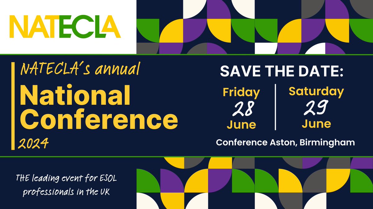 📅 SAVE THE DATE! 📅

THE leading event in the UK #ESOL teaching calendar.

Booking details to follow.

Delighted to be back at <a href="/ConferenceAston/">Conference Aston</a>  in #Birmingham

Hope you're as excited as we are!