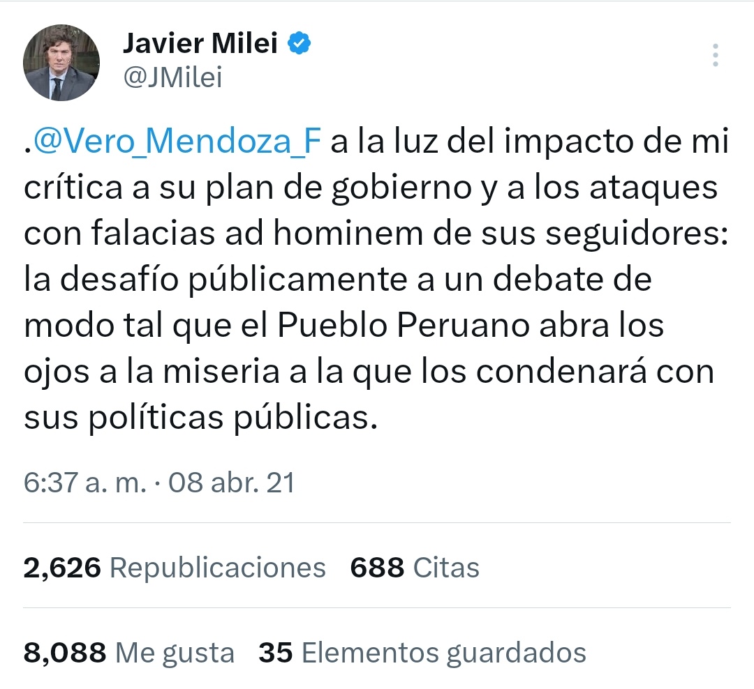 Cómo olvidar cuando Milei, un influencer libertario argentino, destruyó el plan de gobierno de #VeronikaMendoza y ella se corrió de un debate enviando a Francke a responder. Hoy Milei es el presidente más votado de Argentina, Vero sigue sin chamba y Francke destruyó al pais.