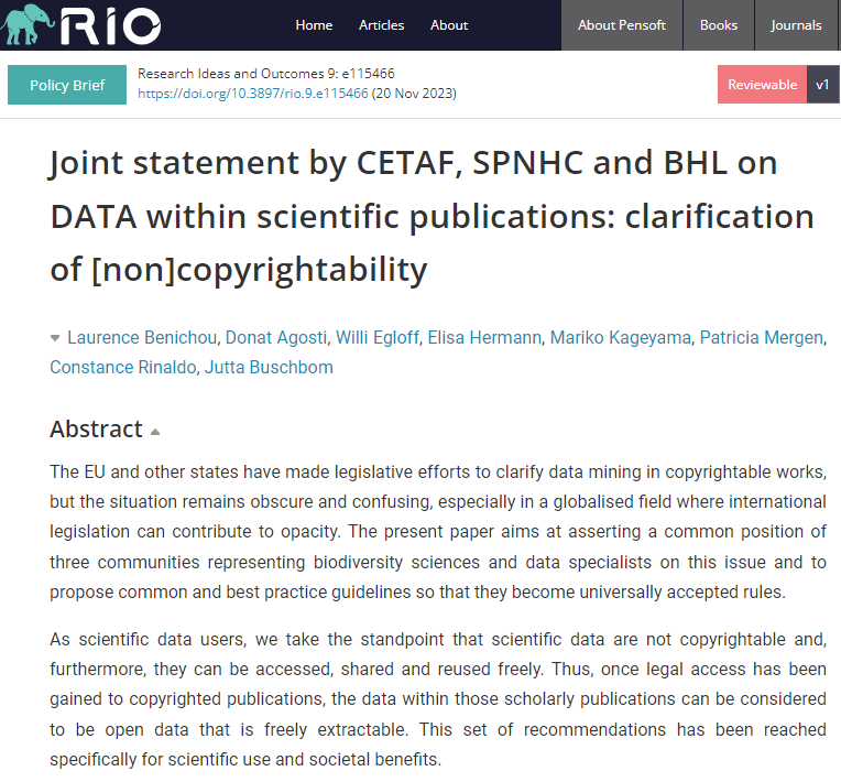 🗨️'...#scientific #data are not copyrightable and, furthermore, they can be accessed, shared and reused freely.' - reads a policy brief: doi.org/10.3897/rio.9.… by @eurotaxonomy, @SPNHC & @BioDivLibrary that proposes common & best-practice guidelines for scientific #publications.
