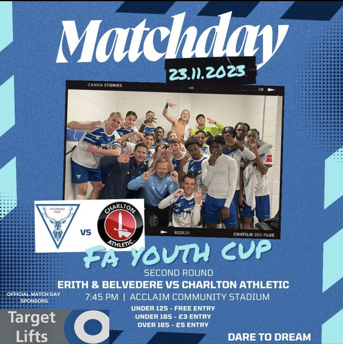 It’s FA youth cup week at <a href="/EBTheDeres/">Erith & Belvedere FC</a> as our deres under 18 <a href="/KentYouthLeague/">KentYouthLeague</a> side play <a href="/CAFCofficial/">Charlton Athletic FC</a> under 18s in the 2nd round proper on Thursday night at the acclaim community stadium. Kick off is 7:45pm. This match is officially sponsored by <a href="/TARGETLIFTSLTD/">Target Lifts Ltd</a>