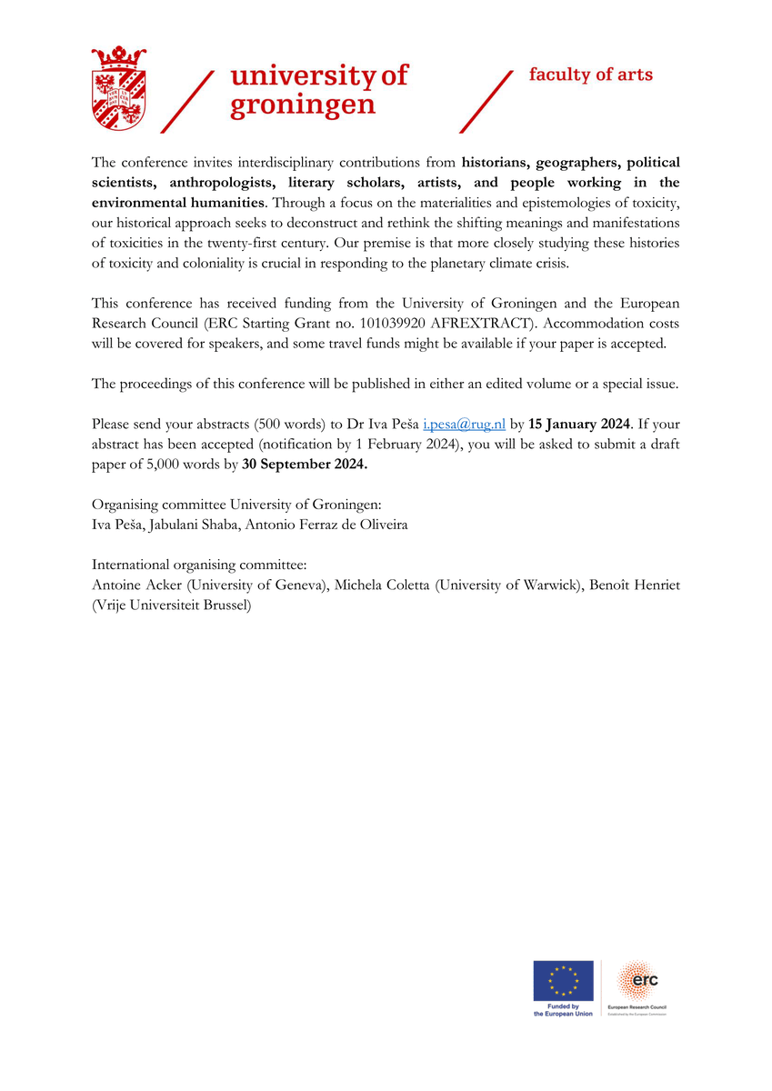 Iva_Pesa (@ivapesa) on Twitter photo Mapping Toxic Coloniality, a call for abstracts for a conference in Groningen on 7-8 November 2024! #envhist #envhum co-organised with the brilliant <a href="/acker_antoine/">Antoine Acker</a> <a href="/michelacoletta/">Michela Coletta</a> @HenrietBenoit @jabulanishaba <a href="/Ant_FdO/">Antonio Ferraz de Oliveira @antoniofdo.bsky.social</a> Mapping Toxic Coloniality, a call for abstracts for a conference in Groningen on 7-8 November 2024! #envhist #envhum co-organised with the brilliant <a href="/acker_antoine/">Antoine Acker</a> <a href="/michelacoletta/">Michela Coletta</a> @HenrietBenoit @jabulanishaba <a href="/Ant_FdO/">Antonio Ferraz de Oliveira @antoniofdo.bsky.social</a>