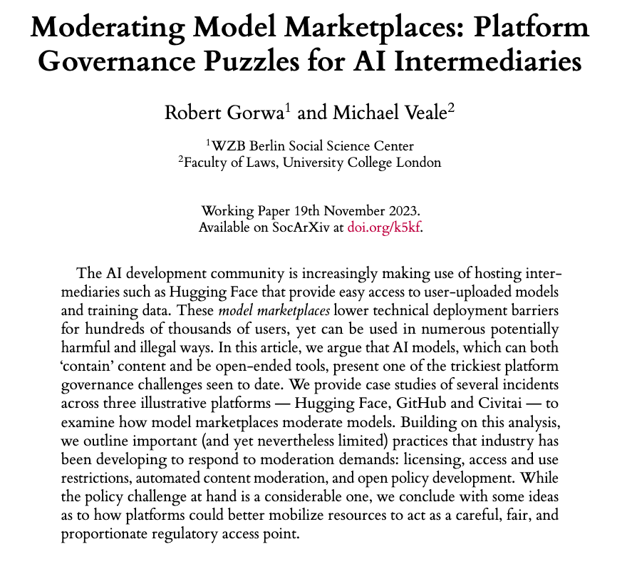 How do and should model marketplaces hosting user-uploaded AI systems like @HuggingFace @GitHub & @HelloCivitai moderate models & answer takedown requests? In a new paper, @rgorwa & I provide case studies of tricky AI platform drama & chart a way forward. osf.io/preprints/soca…