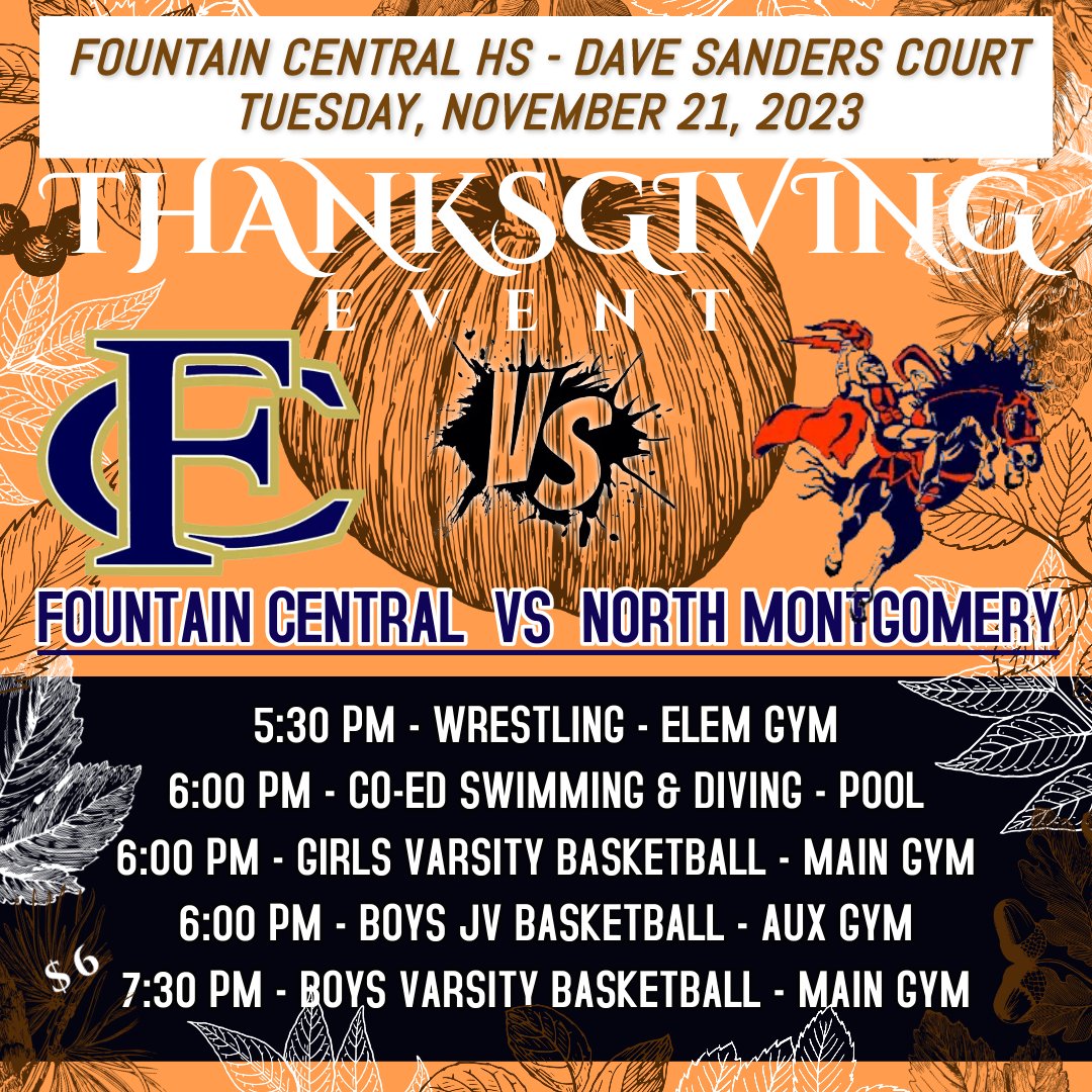 Pretty cool night at Fountain Central tomorrow!  One ticket will get you into all events.
<a href="/NM_Girls_Bball/">NMHS Girls Basketball</a> <a href="/NMChargerHoops/">North Montgomery Basketball</a> <a href="/NmhsChargerSwim/">NMHS Charger Swim</a> <a href="/NMHSBWrestling/">NMHS Boys Wrestling</a>
