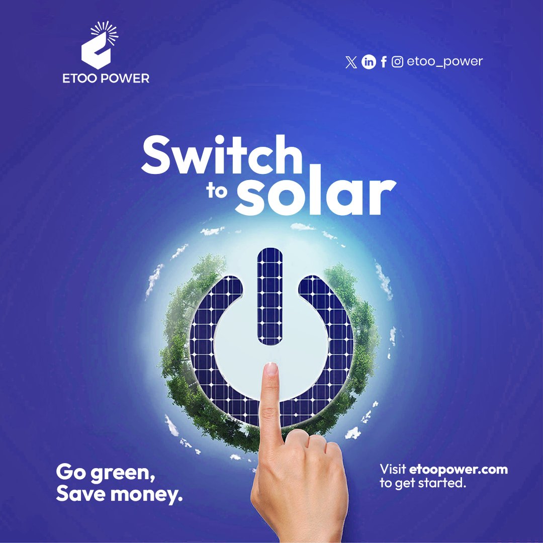 Solar energy is a great way to save  money on your energy bills and  reduce your carbon footprint. 

Learn more about our solar  financing options and make the  switch to solar today!  

Visit etoopower.com to get started.
.
.
.
#SolarSwitch #Sustainability #EtooPower