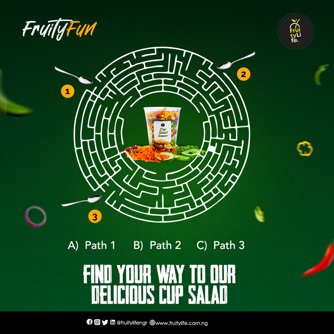 fruitylifengr's tweet photo. Ready for a tasty adventure? 🥗🌐 Solve the maze and find your way to a Cup Salad! 🏆 1 correct answer will WIN a refreshing bottle of Fruitylife Drinking Yogurt! 🎉 Comment your answer below and let the #FruityFun games begin! 🕵️‍♂️🚀 #Fruitylife #Giveaway https://t.co/6gZuf3XTwM