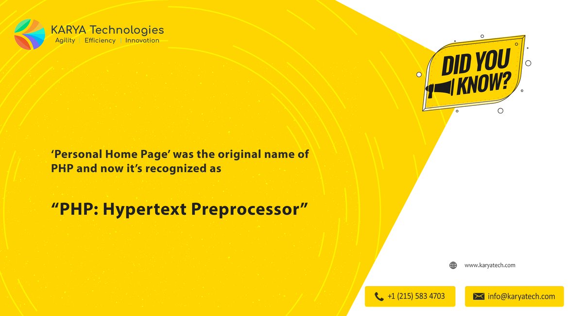 Do you know what PHP stands for? It's right here.
It's a super popular server-side scripting language used to create dynamic websites. 😎✨ #PHP

#dynamicprogramming #webdevelopmentservices #cms #cmsdevelopment #magentodevelopment #shopify #joomla #drupal10 #KARYATechnologies