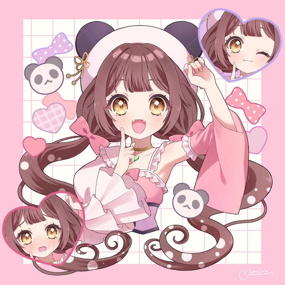 1girl brown hair twintails smile bow one eye closed brown eyes  illustration images
