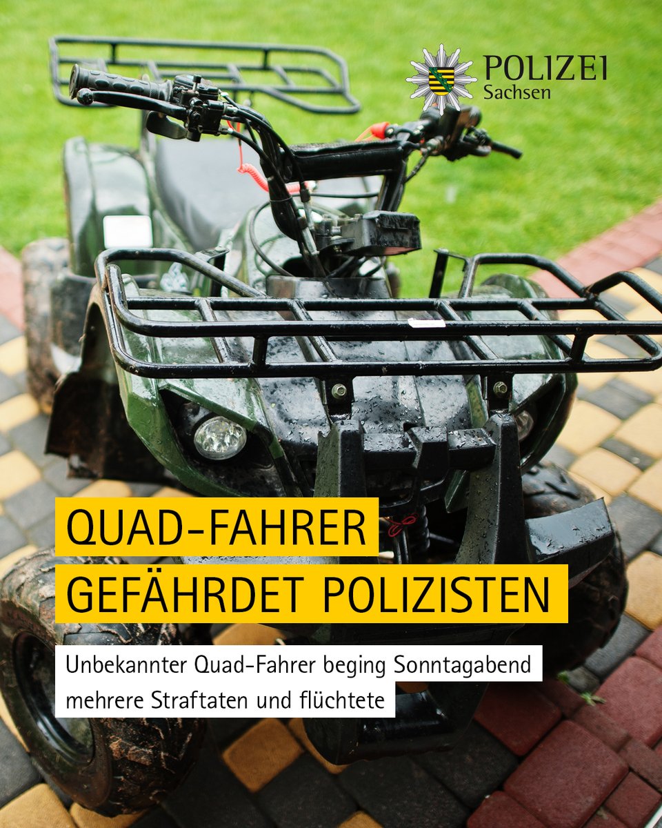 PolizeiSachsen's tweet photo. Ein bislang unbekannter Quad-Fahrer hat am Sonntagabend mehrere Straftaten in #Oderwitz sowie in #Kottmar begangen, Polizisten gefährdet und flüchtete.

☎️ Hinweise bitte an 03583 62-0

Diese und weitere Meldungen der Polizeidirektion #Görlitz: https://t.co/NnmGe2lTPE https://t.co/lOpSbqSG4L