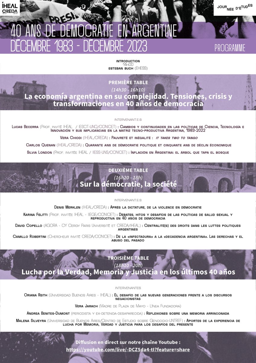 Journée d'études
40 ans de démocratie en Argentine
Décembre 1983 - Décembre 2023

Vendredi 1er décembre 2023 de 14h00 à 20h00

<a href="/CampusCondorcet/">Campus Condorcet</a> 
<a href="/Sorbonne_Nvelle/">Université Sorbonne Nouvelle</a>