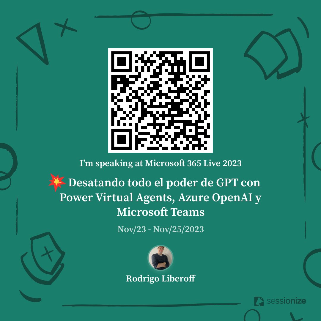 rliberoff's tweet photo. ¡CODERS! Esta semana también tengo el inmenso placer de poder ofrecer una sesión en la 4ª edición del
@M365Live.
Veremos como conectar un Power Virtual Agent con Azure OpenAI usando Microsoft Teams como canal para los usuarios. — #M365Live #Microsoft365Live @ENCAMINA https://t.co/2DtuI1w50c