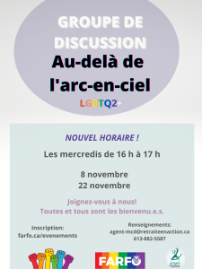 FARFO_Ontario's tweet photo. 📢La prochaine rencontre du Groupe Arc-en-Ciel aura lieu ce MERCREDI 22 novembre sur la plateforme ZOOM. 

Nous aurons un invité ce mercredi: Arnaud Baudry, directeur général de FrancoQueer 

Voici le lien pour vous inscrire: https://t.co/M1capR5tlp https://t.co/AnaNH6UyXt