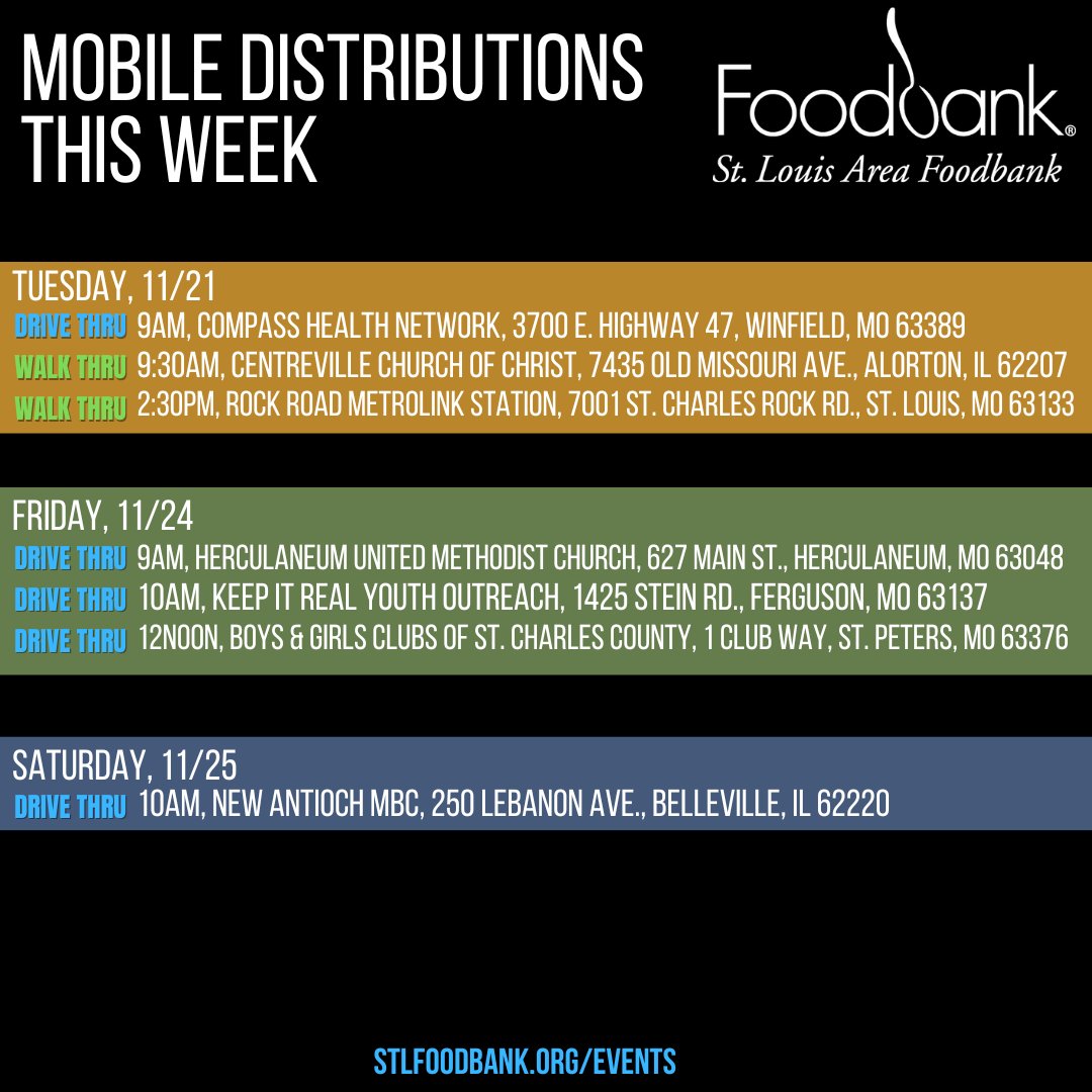Here is this week's mobile line-up. Please share! Any adjustments due to weather will be posted in the comments. For other options, visit stlfoodbank.org/events/. #FoodDistribution #FoodInsecurity