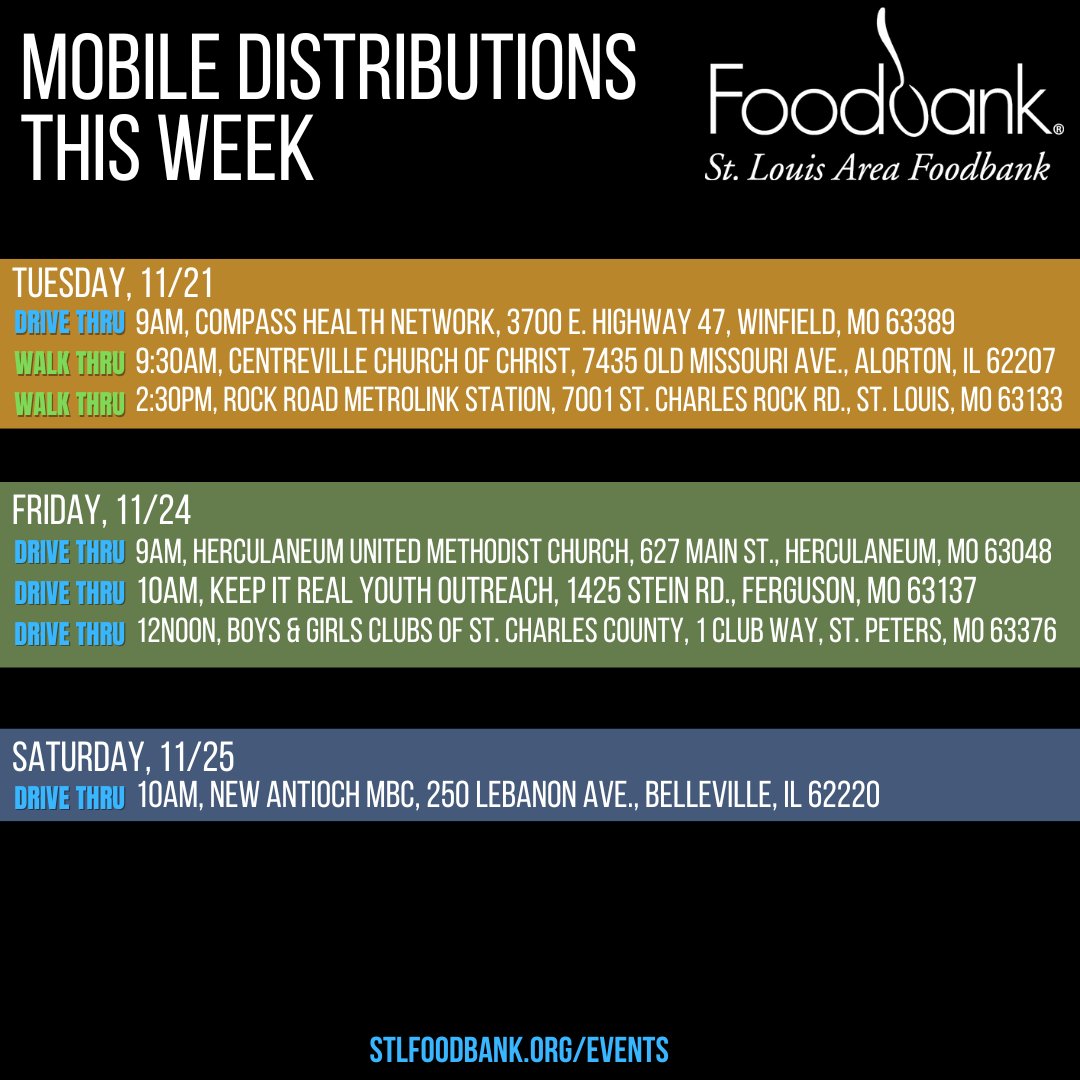 Here is this week's mobile line-up. Please share! Any adjustments due to weather will be posted in the comments. For other options, visit stlfoodbank.org/events/.

#FoodDistribution
#FoodInsecurity
