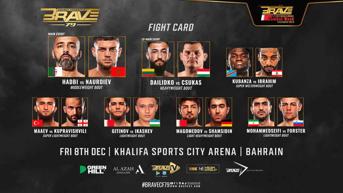 bravemmaf's tweet photo. #BRAVECF79 fight card revealed!🚨

Next-gen superstars of MMA⭐️collide here 🔥
 🚨 Tickets for #BICW2023 in link in bio 🔗

🗓 December 8
📍 Kingdom of Bahrain 🇧🇭

#BRAVECF #MMA #BICW2023 https://t.co/1hREhHuMKq