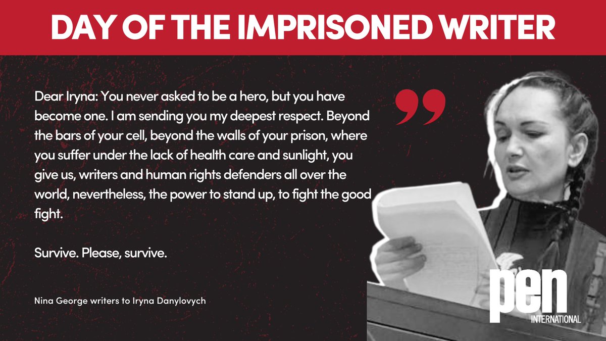 Bestselling author and President of the European Writers' Council, Nina George, writes a moving solidarity letter to #ImprisonedWriter, #IrynaDanylovych. On Day of the Imprisoned Writer, join George, write a solidarity letter to Danylovych: forms.gle/aL3XDn657Wxym2… @nina_george