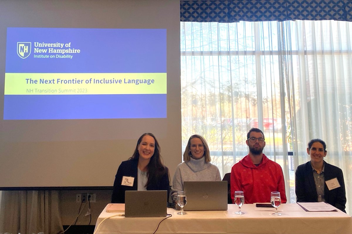 UNHIOD's tweet image. Thanks to @nextstepsnh for hosting the Transition Summit 2023. IOD reps Kelly Nye-Lengerman, Romy Eberle &amp;amp; Ariel Schwartz presented "The Next Frontier of Inclusive Language," w/ a lived-experience perspective from Raymond, a UNH-4U student.

#UNHCHHS #UNHIOD #inclusivelanguage