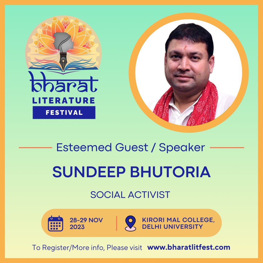 #BharatLitFest welcomes @sundeepbhutoria who’s a social activist working for over two and a half decades in the field of welfare, international cultural cooperation and the promotion and preservation of Indian arts. #bharatliteraturefestival #kirorimalcollege #delhiuniversity