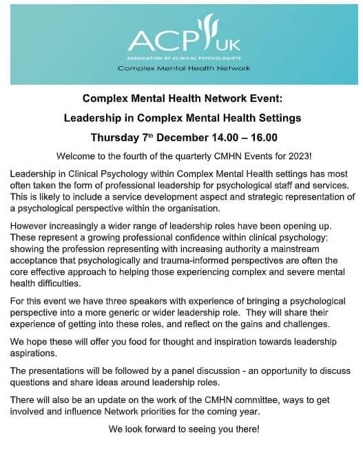 ukcmhn's tweet photo. ACP-UK Complex Mental Health Network are holding their quarterly network event over Teams on 7th December 2-4pm. The theme for this event is 'Leadership in complex mental health settings' and is free for ACP-UK members. 

CMHN members check your registered email for the link https://t.co/sDhRoaIRIC