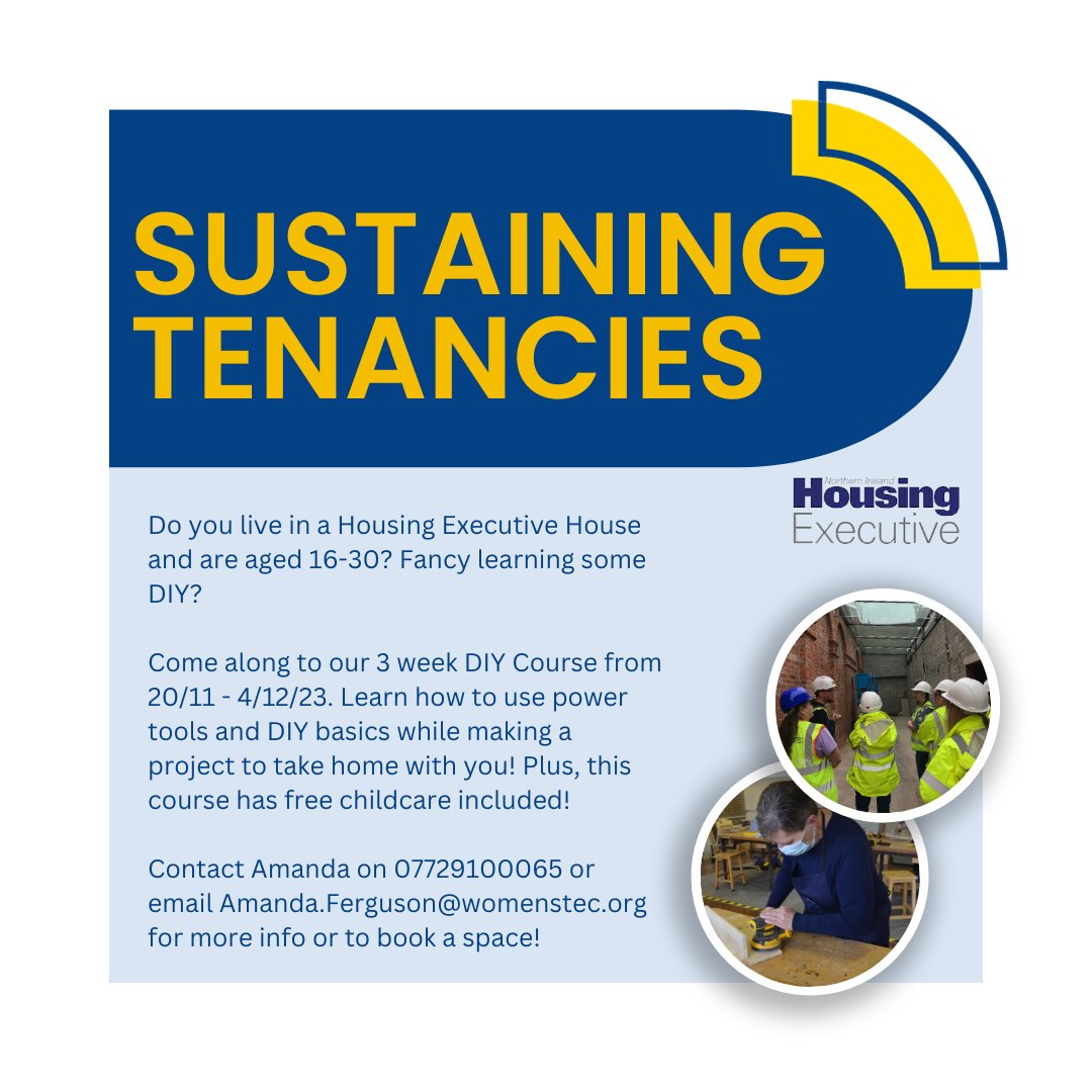 We have a few spaces left on our Under 30's Housing Executive Sustaining Tenancies course! This fabulous course includes lots of exciting activities, including DIY, carpentry and wallpapering! Contact Amanda on 07729100065 or email Amanda.Ferguson@womenstec.org for more info! 🛠️