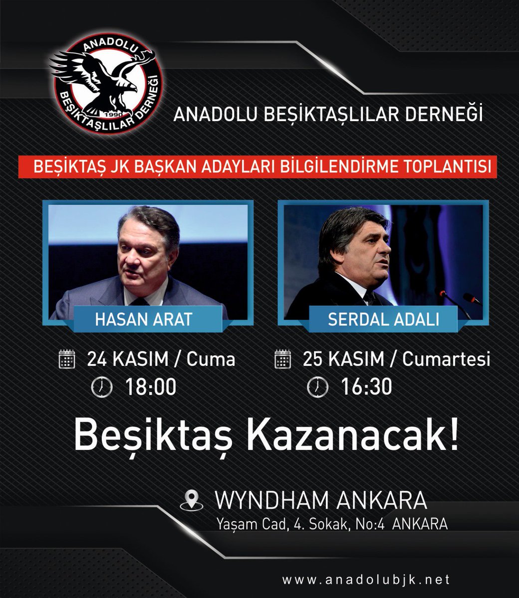 Bilindiği üzere Derneğimiz Yönetim Kurulu tüm başkan adaylarımızı projelerini anlatmaları için Ankara’da bulunan genel kurul üyelerimiz ile buluşmaya davet etmişti.
Sayın Hasan Arat ile yapılan görüşmede 24 Kasım 2023, Cuma günü saat 18.00 için, Sayın Serdal Adalı ile yapılan