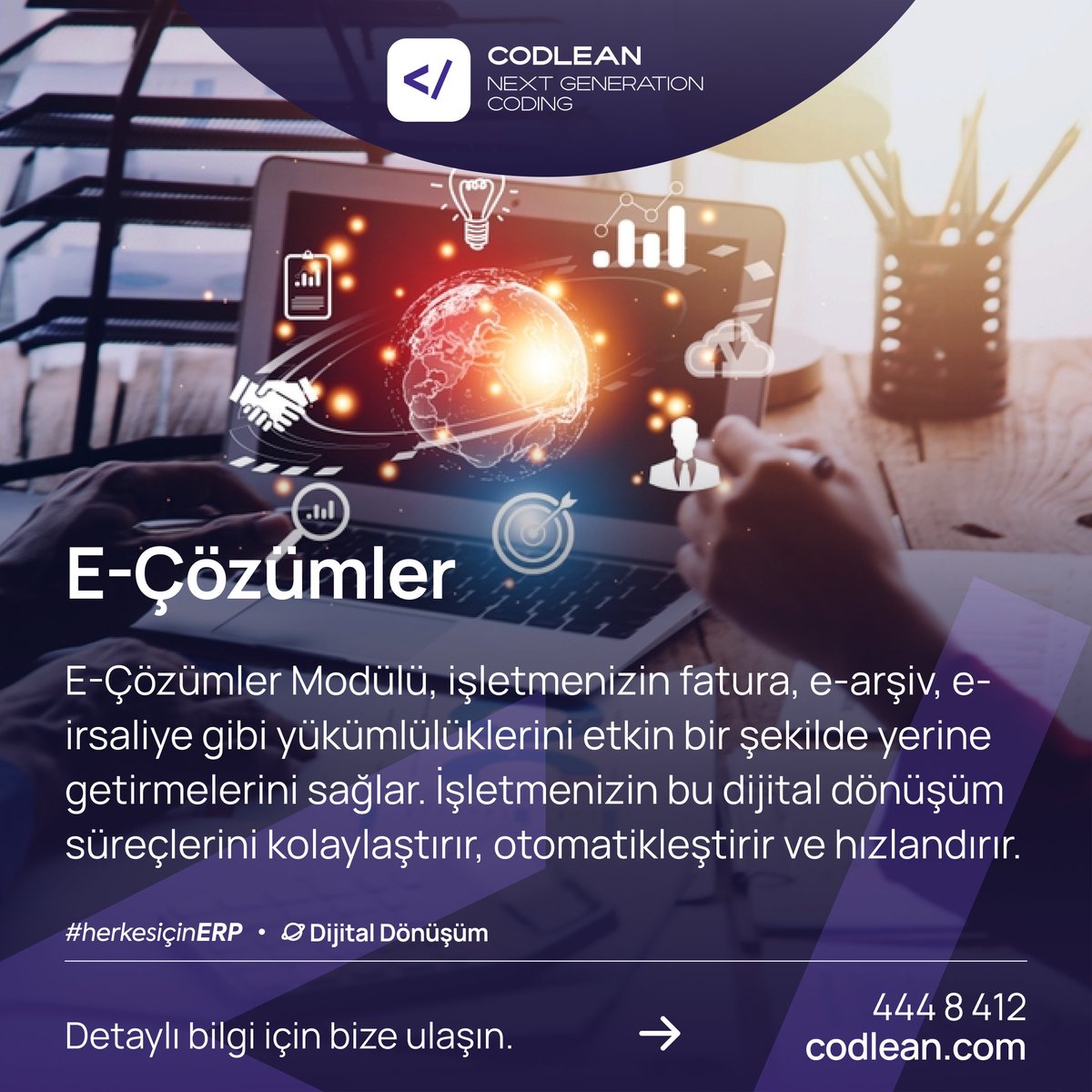 E-Çözümler Modülü, işletmenizin fatura, e-arşiv, e-irsaliye gibi yükümlülüklerini etkin bir şekilde yerine getirmelerini sağlar. İşletmenizin bu dijital dönüşüm süreçlerini kolaylaştırır, otomatikleştirir ve hızlandırır. 

#yazılım #codlean #eçözümler #ERP #yazılımçözümleri