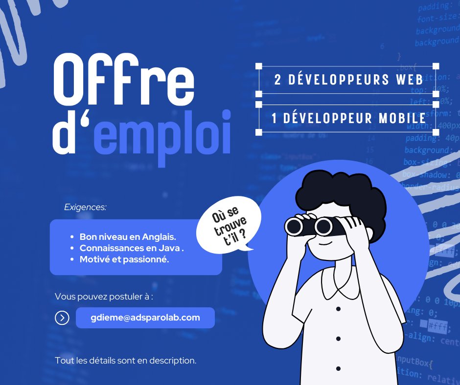 galsendev's tweet image. Hello 👋🏾 

→ 2 Développeurs WEB
Technos : HTML, CSS, et JavaScript avec une expertise en Angular et React.
Des connaissances en Java seraient appréciées.
Front-Back à déterminer.

→ 1 Développeur Mobile
Technos : Flutter - Dart.
Des connaissances en Java appréciées.

⬇️