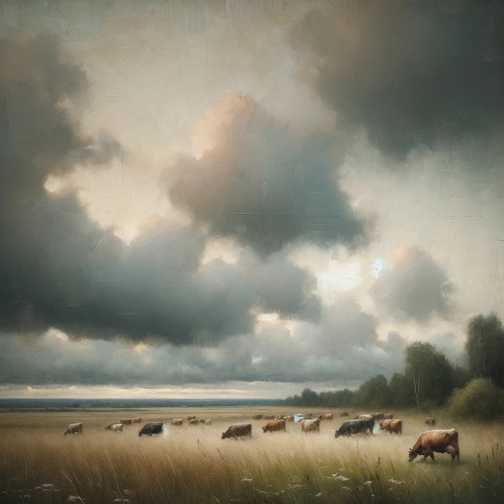 AI made this for me with the prompts: low horizon, gray sky, cows in pasture, tonalist techniques. Kind of crazy!