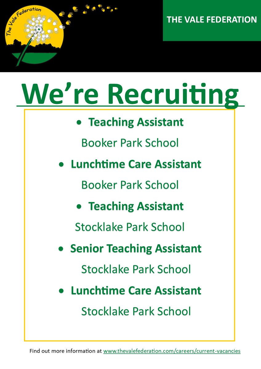 A new week, same amazing opportunities still available at The Vale Federation of Schools. Click the link to learn more: thevalefederation.com/careers/curren…