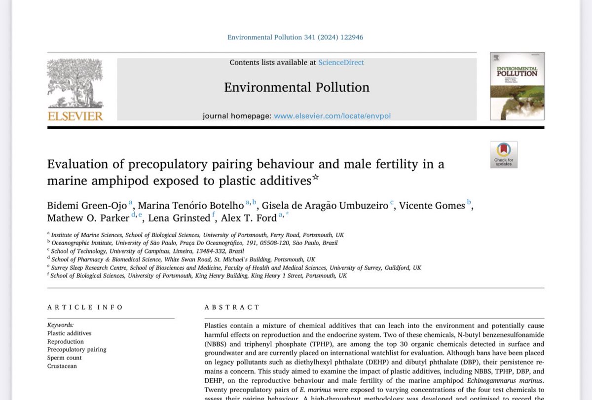 I’m delighted to announce the publication of my first PhD paper in @ELSenviron Env. pollution journal. We tested how plastic additives affected the pairing behaviour &amp; male fertility of a marine amphipod. We had really interesting results👉 doi.org/10.1016/j.envp…
#plastic
