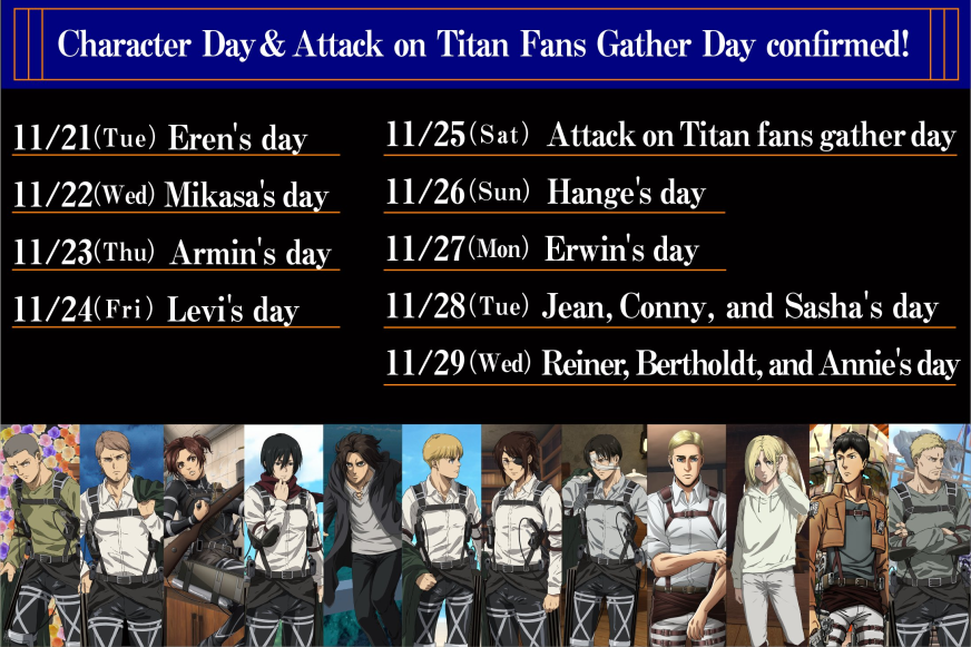 Shingeki_France's tweet photo. Des jours officiels ont été créés pour célébrer nos personnages !

Fêtez Eren le 21 novembre ou encore le trio de Guerriers le 29 novembre !

#ShingekiNoKyojin https://t.co/yILsqSNOGS