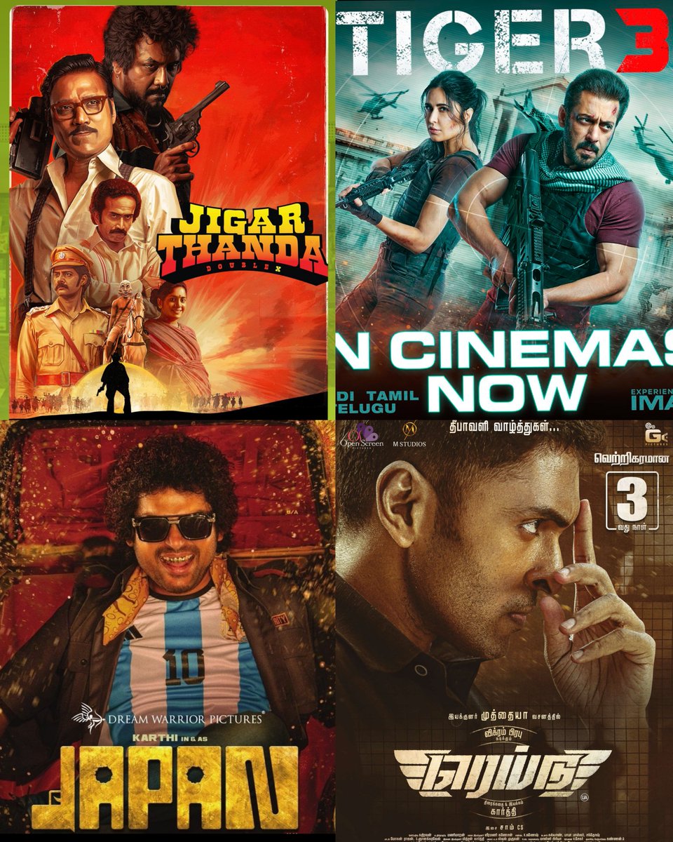 The Final Result of Diwali 2023 Released Films ( Based on Reviews ) ✅

• #JigarthandaDoubleX - WINNER 🏆
• #Tiger3 - Runner 🐯
• #Japan & #Raid - Looser 🥲

#RaghavaLawrence #SJSuryah #SalmanKhan #KARTHI #VikramPrabhu #Kollywood #Bollywood #FilmIndustry #JapanMovie