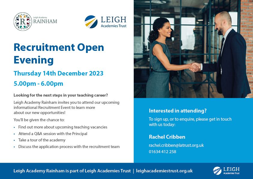 Come along and join us to find out more about upcoming vacancies at Leigh Academy Rainham!

#latlife #careers #latcareers #recruitmentevent #recruitment #teaching #teacher #ECT #newteachers