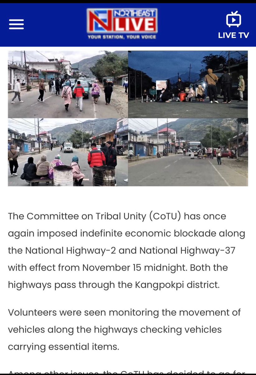The #CollectivePunishment of all Civilians of #Manipur  by the #KukiBlockNationalHighways is currently underway. How many more days of this #KukiCrimesAgainstHumanity be continued before India 🇮🇳 says ‘NO’?    <a href="/nitin_gadkari/">Nitin Gadkari</a> <a href="/NHAI_Official/">NHAI</a> <a href="/NBirenSingh/">N. Biren Singh</a> <a href="/UNGeneva/">United Nations Geneva</a>