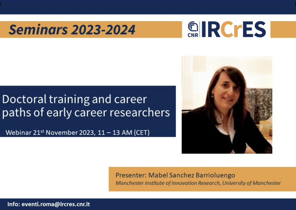 📢#IRCrES #Seminar
📌one day left to👇
👨🏻‍🎓👩🏻‍🎓Doctoral training and career paths of early career researchers“🌍
🎤<a href="/msbarrioluengo/">Mabel Sánchez Barrioluengo</a>
Manchester Institute of Innovation Research,
<a href="/UoMNews/">The University of Manchester News</a>
📺 online
ℹ️Registration👉blog.ircres.cnr.it/?p=5889
