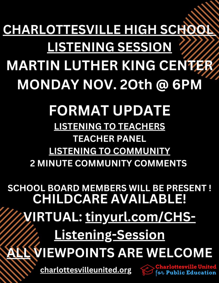 A few updates including confirmation of childcare and a virtual option. charlottesvilleunited.org/chs-listening-… <a href="/CvilleSchools/">Charlottesville City Schools</a>