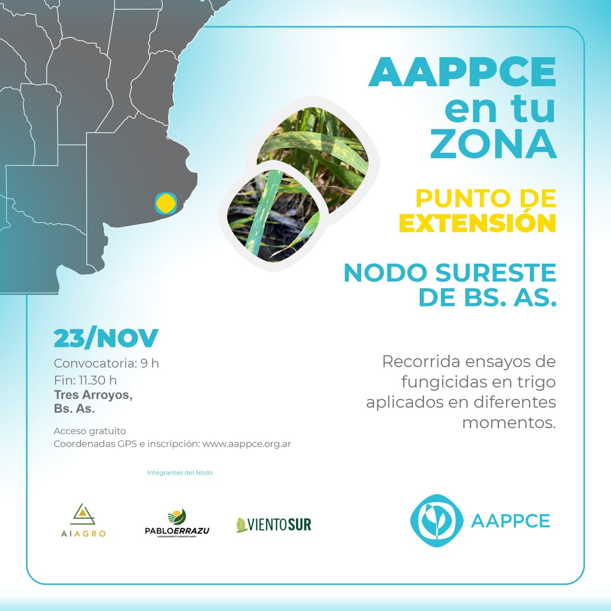 #AAPPPCEenTuZona  📍 Punto de Extensión

Este jueves 23/nov. el Nodo AAPPCE Sureste de Bs. As. te espera en Tres Arroyos para recorrer ensayos de fungicidas en #trigo. 

🛣️ ¿Cómo llegar? 👉  bit.ly/3u6YjIN 

📝 Inscripción: bit.ly/49GyOyu 

 ¡Sumate!
