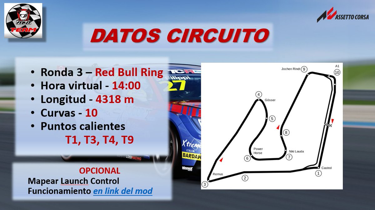 Hoy nos espera una nueva ronda de la Cupra Cup en Assetto Corsa.  

5⃣🇦🇹 Lunes 20/11/23, quinta carrera desde el circuito  de Red Bull Ring.  

⏰👇
- 21:50 Briefing 
- 22:00 Clasificación 
- 22:15 Carrera