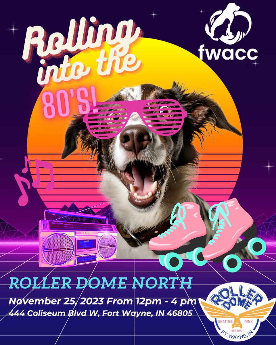 FWAnimalControl's tweet image. Get the family together for a fun afternoon at Rolling into the 80&apos;s! 

Visit Roller Dome North this Saturday from noon to 4 pm and part of the proceeds from admissions will be generously donated to our Humane Education youth programs. 

$9 admission fee (with skate rental).