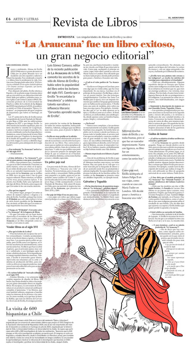 Muy buena entrevista de Elena Irarrázabal (<a href="/E_Irarrazabal/">Elena Irarrázabal</a>) al profesor Luis Gómez Canseco sobre La Araucana de Alonso de Ercilla (Artes y Letras de EL Mercurio, Chile).