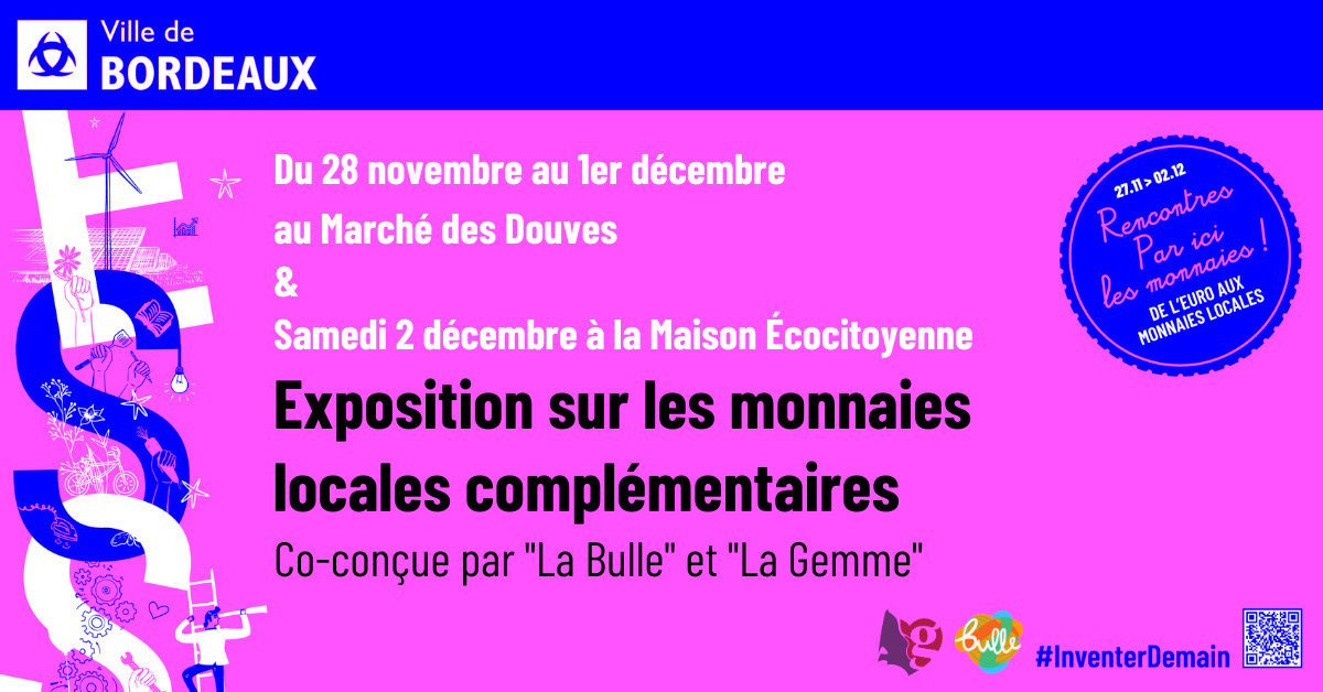 Bordeaux's tweet photo. #InventerDemain

🤔Vous voulez en savoir plus sur @LaGemmeMonnaie, votre #monnaielocale girondine ? 

👉 Du 27/11 au 02/12, participez à #ParIciLesMonnaies, le nouveau RDV #InventerDemain ! 

Programme et inscriptions : https://t.co/JWEt52LeLg #ess #moisdeless https://t.co/rF8NalfSkL
